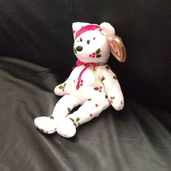RARE, TY Beanie Baby 1998 Holiday Teddy Bear Holly Berries on White - Picture 4 of 11